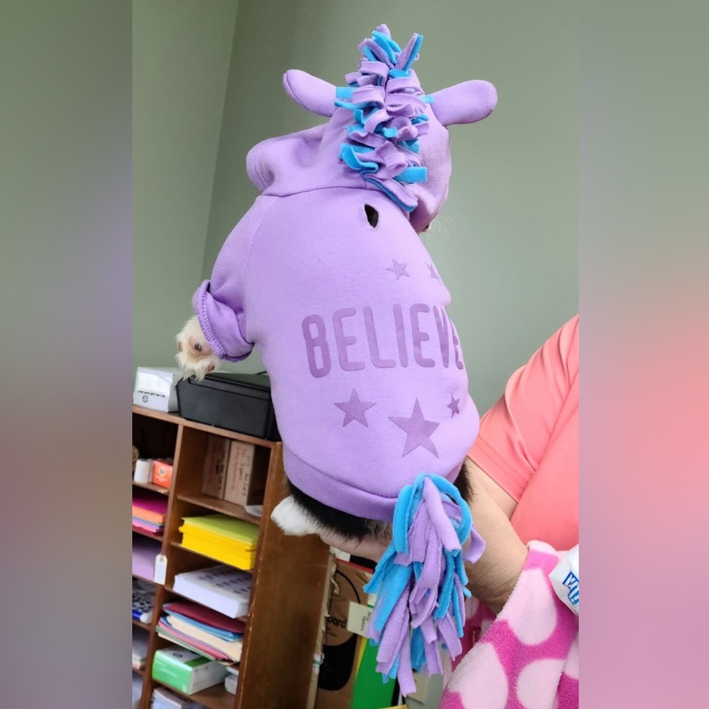Purple Unicorn Dog Hoodie Size Small Head to Tail